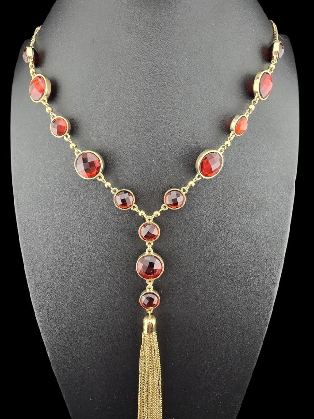 Banana Republic Faceted Red Stone "Y" Tassel Gold-Tone Tassel Bold Statement - Picture 3 of 9